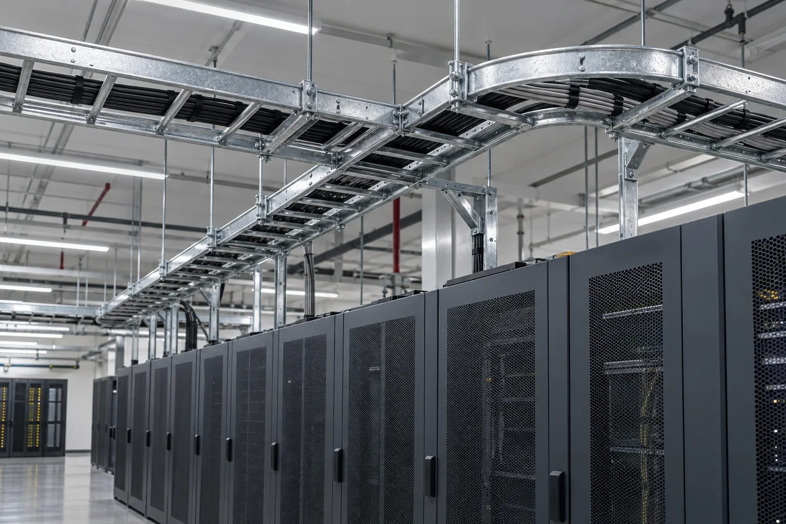 Supported cable tray route above network cabinets