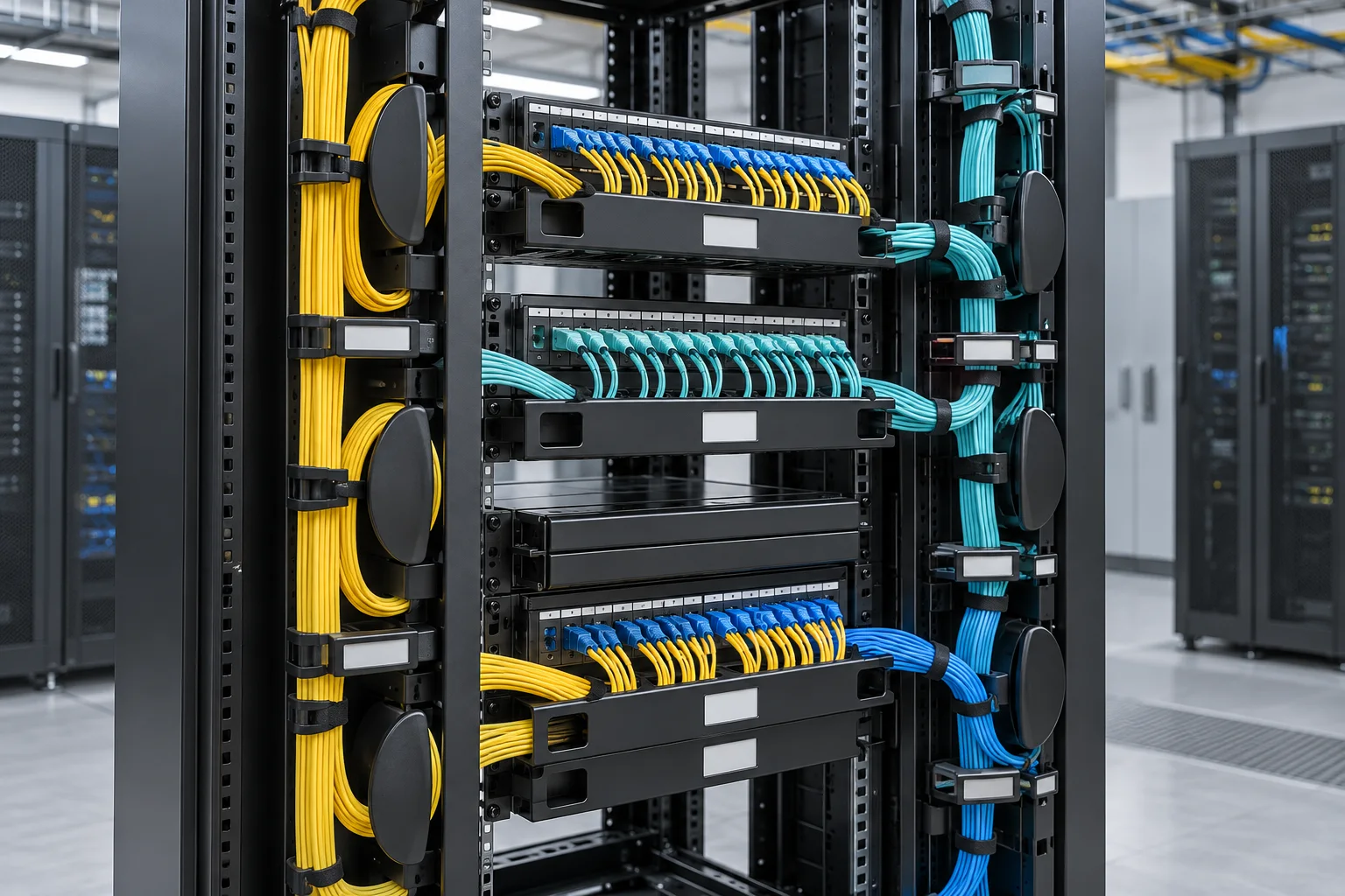 Organised fibre cable management in a network rack