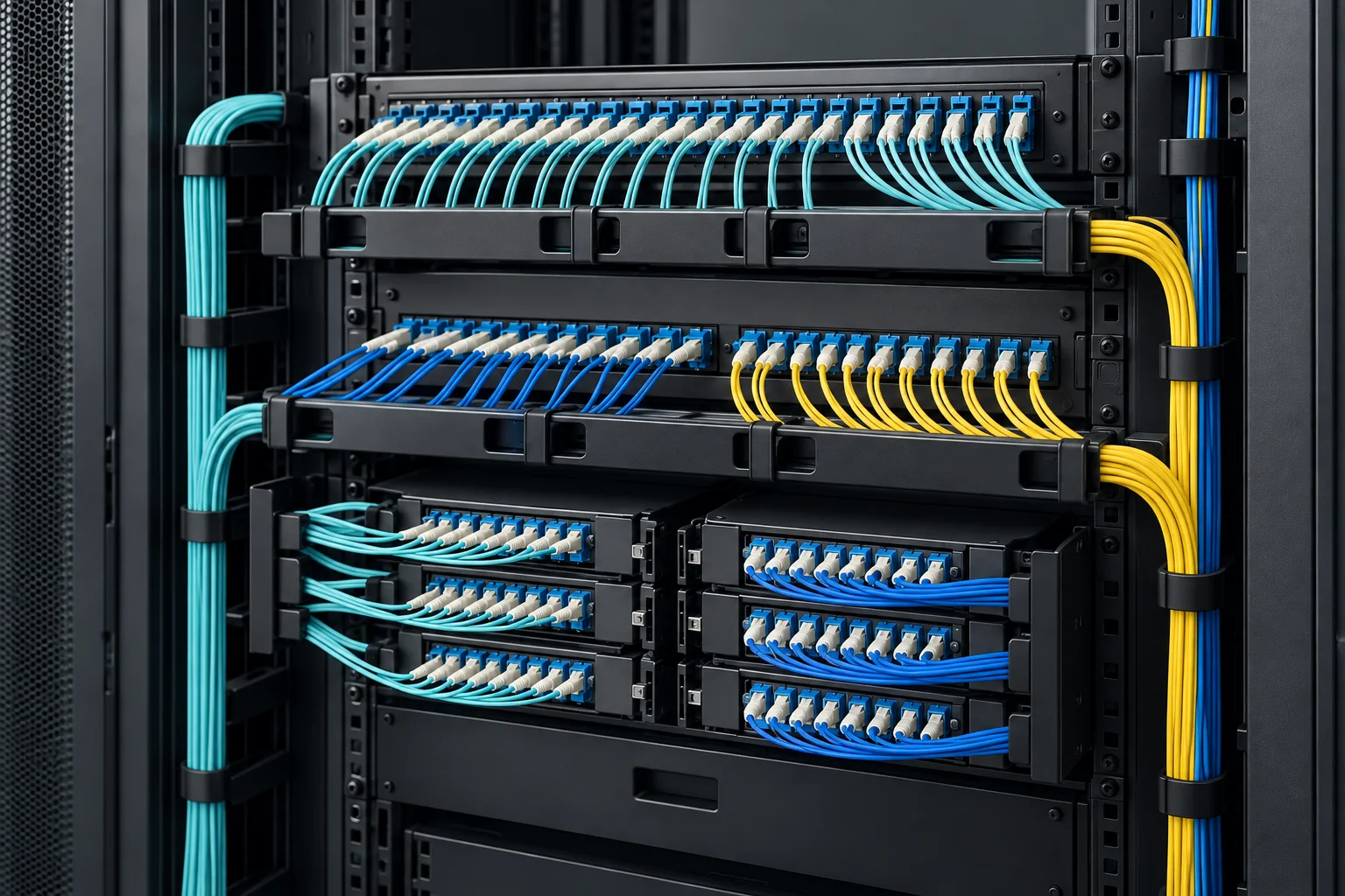 Rack optical fibre patch panel with organised ports