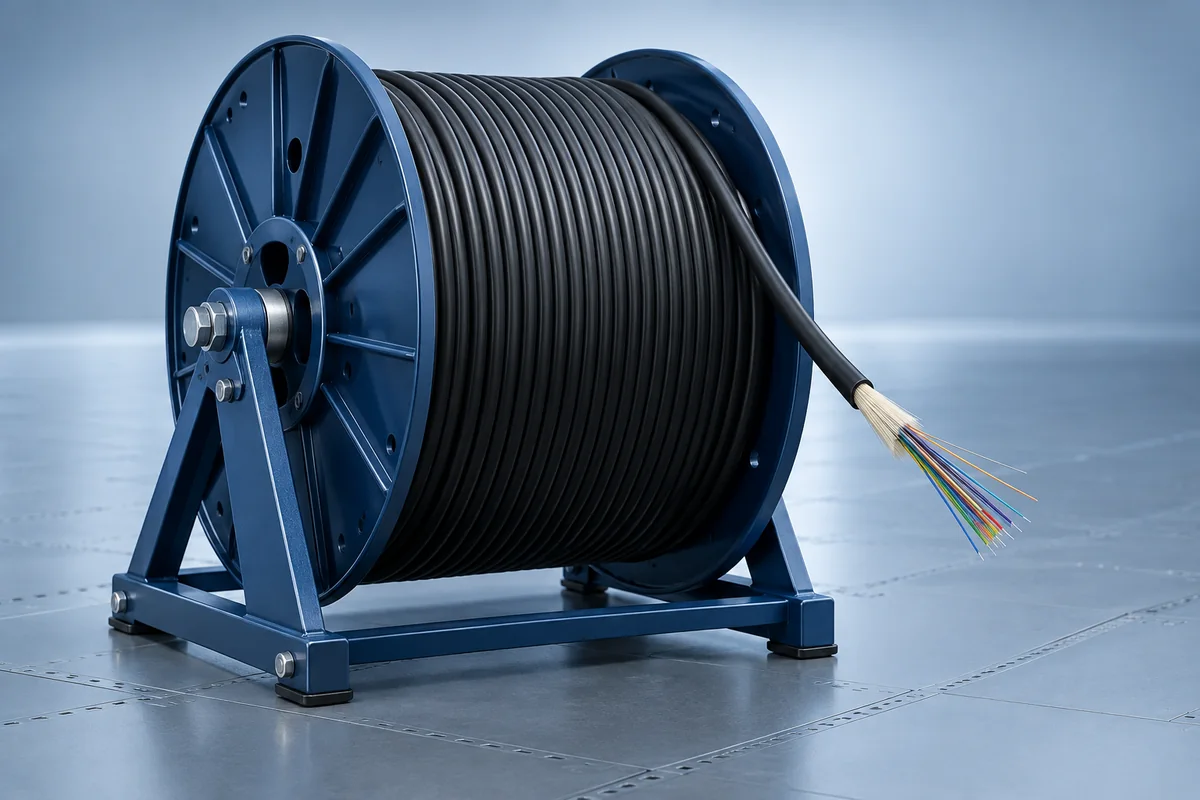 Optical fibre cable stored on a reel
