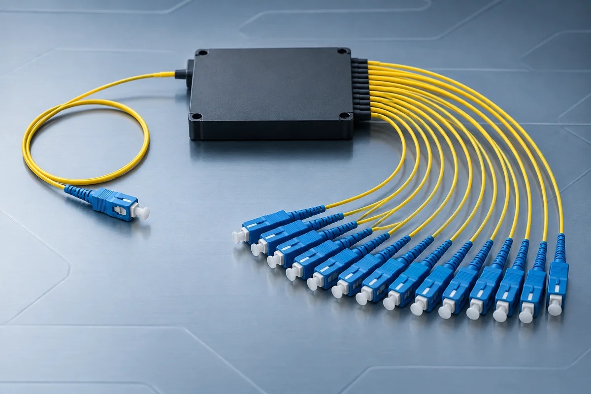 PLC optical splitter with connectorised fibre outputs